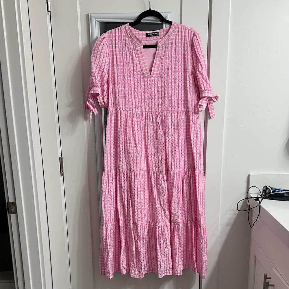 Pink gingham Tiered Midi Dress with Tie Sleeves and pockets